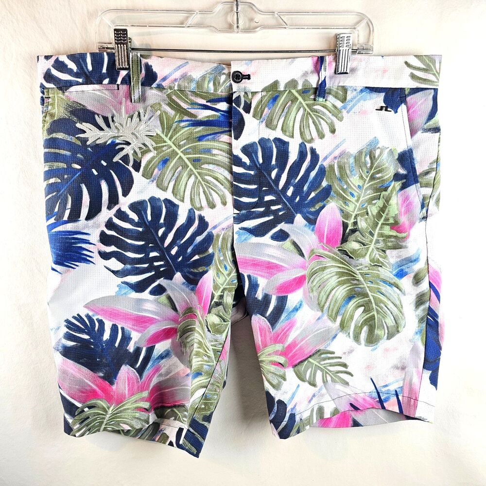 J Lindeberg Shorts Men 38 Tim Print Chino Calypso Oil Green Tropical Floral Golf